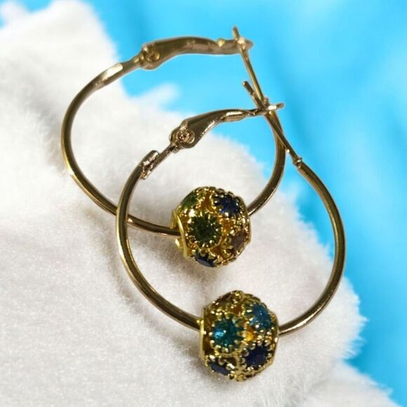 Cute Gold Rhinestone Hoop Earrings Round Shaped Pierced Jewelry Colorful NWT - Picture 10 of 10